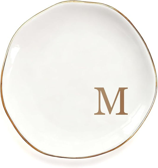 Fmeida Ceramic Jewelry Tray, Initial Room DecorTrinket Dish for Rings Earrings Necklaces Bracelet, Birthday Valentines Mothers Day Christmas Wedding Gift for Women, 4.5", Rose Gold M
