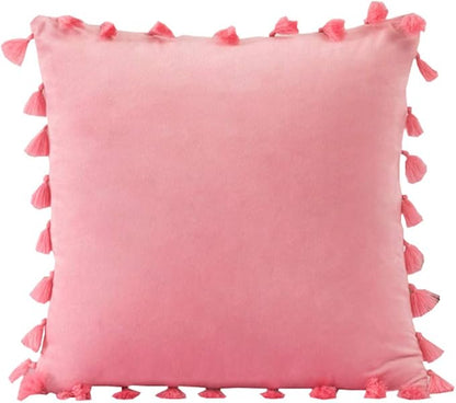 vctops Velvet Soft Solid Decorative Throw Pillow Cover with Tassels Boho Accent Cushion Case for Couch Bedroom Car Baby Pink 18''x18''