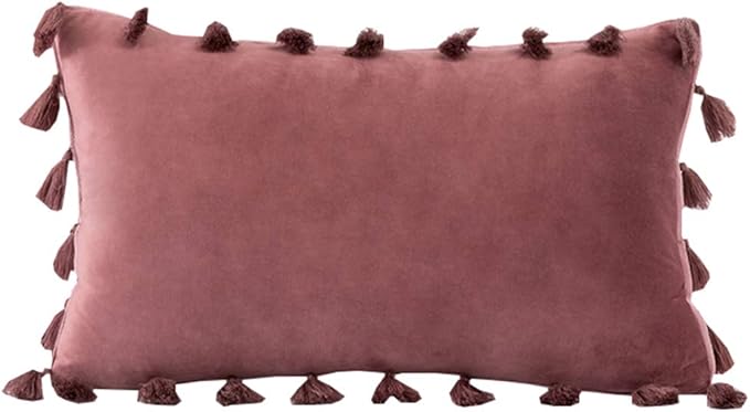 vctops Velvet Soft Solid Decorative Throw Pillow Cover with Tassels Boho Accent Cushion Case for Couch Bedroom Car WanSe 12''x20''