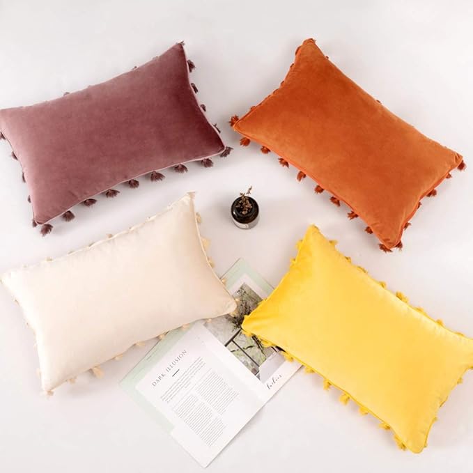 vctops Velvet Soft Solid Decorative Throw Pillow Cover with Tassels Boho Accent Cushion Case for Couch Bedroom Car WanSe 12''x20''