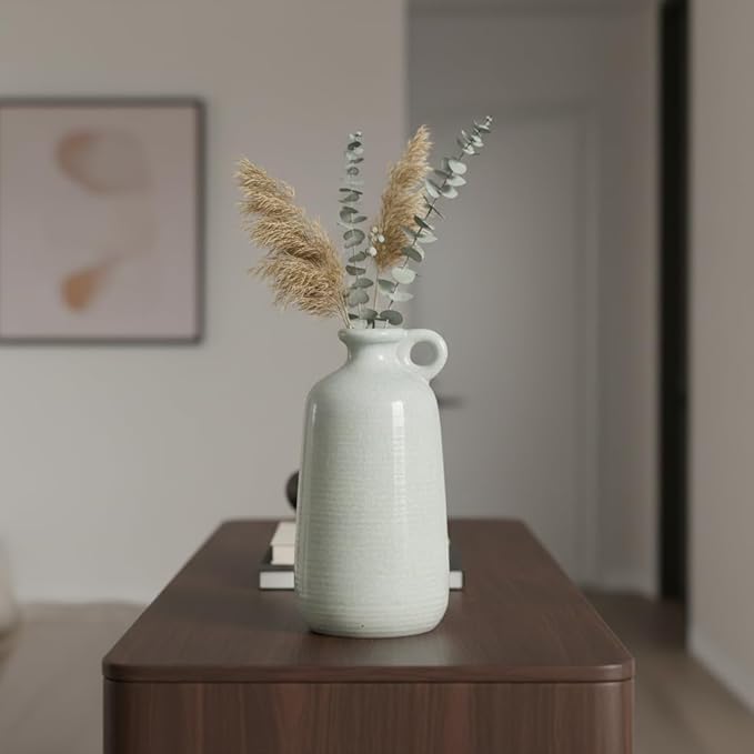 Sunddo Blue Ceramic Vase, 10 Inch Tall Modern Flower Vase with Handle, Art Decorative Vases for Pampas Grass, Entryway Living Room Dining Table Farmhouse Office Decor