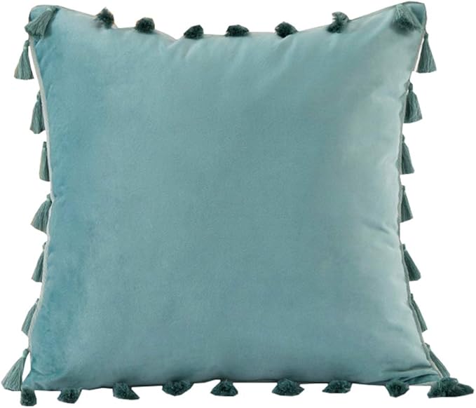 vctops Velvet Soft Solid Decorative Throw Pillow Cover with Tassels Boho Accent Cushion Case for Couch Bedroom Car Aqua Green 20''x20''