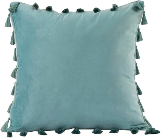 vctops Velvet Soft Solid Decorative Throw Pillow Cover with Tassels Boho Accent Cushion Case for Couch Bedroom Car Aqua Green 20''x20''