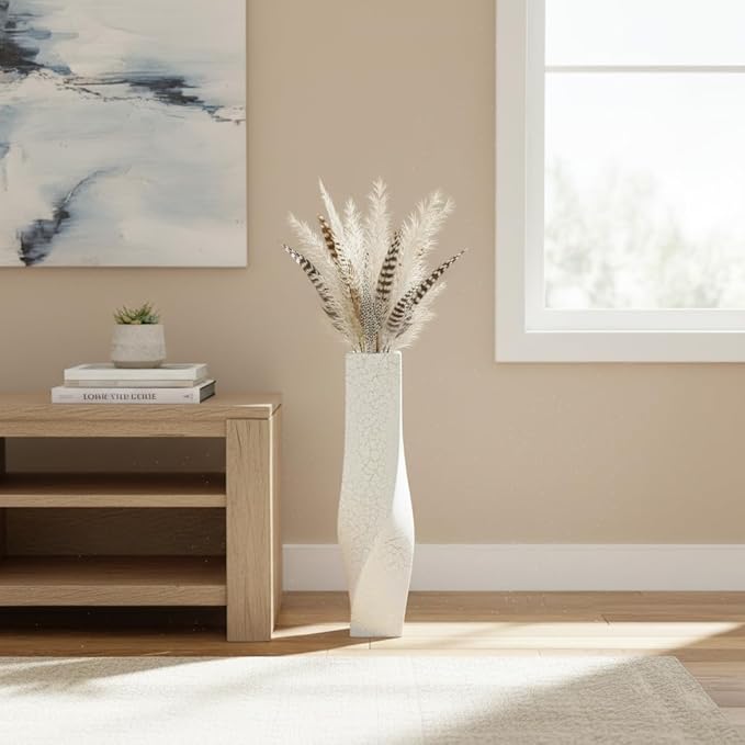 Tall Vases On Floor, 27.56" Twisted Geometric Flower Vase for Home, Living Room, Flower Centerpieces, Shelf, Table, Decor, White Crackle Vase