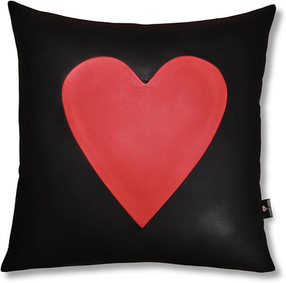 LL LEATHER LOVERS Genuine Lambskin Leather Pillow Cover, 18x18 Inch Case for Lumbar Throw Couch Pillows, Thick & Soft Cushion Covers for Sofa Bed Home Décor (Red Heart & Black Plain Pack of 1)