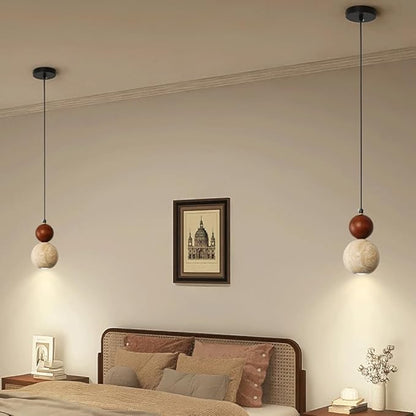 Modern Minimalist Nordic Lighting Fixture Spherical Travertine Walnut Wood Pendant Light Adjustable Hanging Lamp for Bedroom Bedside Dining Room Study