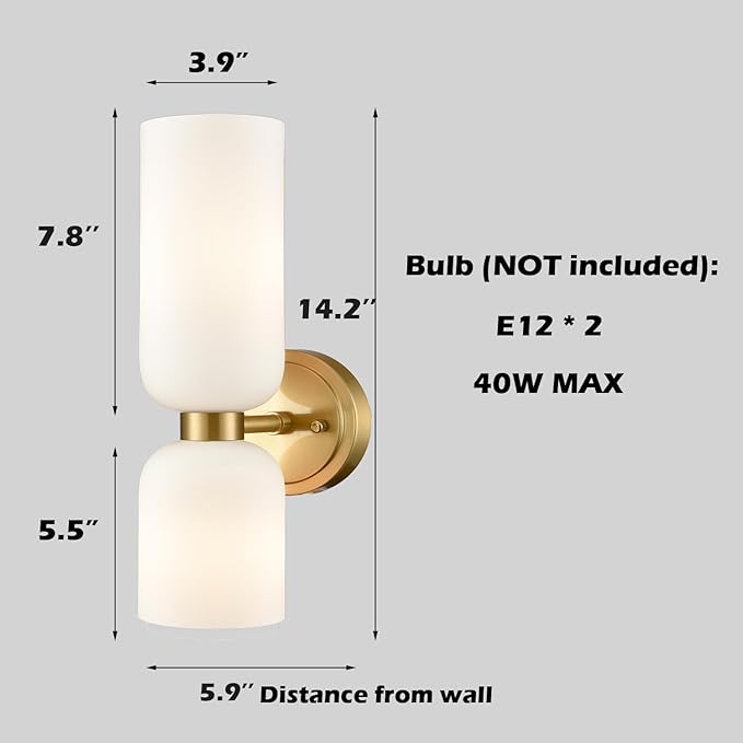 Gold Wall Sconces Set of Two 2-Light Modern Wall Light 3.93"(W)*15.4"(H) Bathroom Vanity Light Milky White Glass
