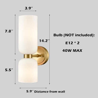 Gold Wall Sconces Set of Two 2-Light Modern Wall Light 3.93"(W)*15.4"(H) Bathroom Vanity Light Milky White Glass