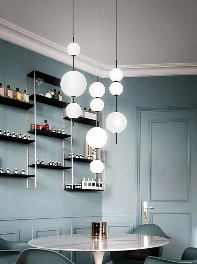 Modern Kitchen Island Pendant Lights, White Acrylic Globe Chandeliers, Dimmable Black LED Pendant Lights, Adjustable Indoor Hanging Light Fixture for Dining Room Bedroom Living Room