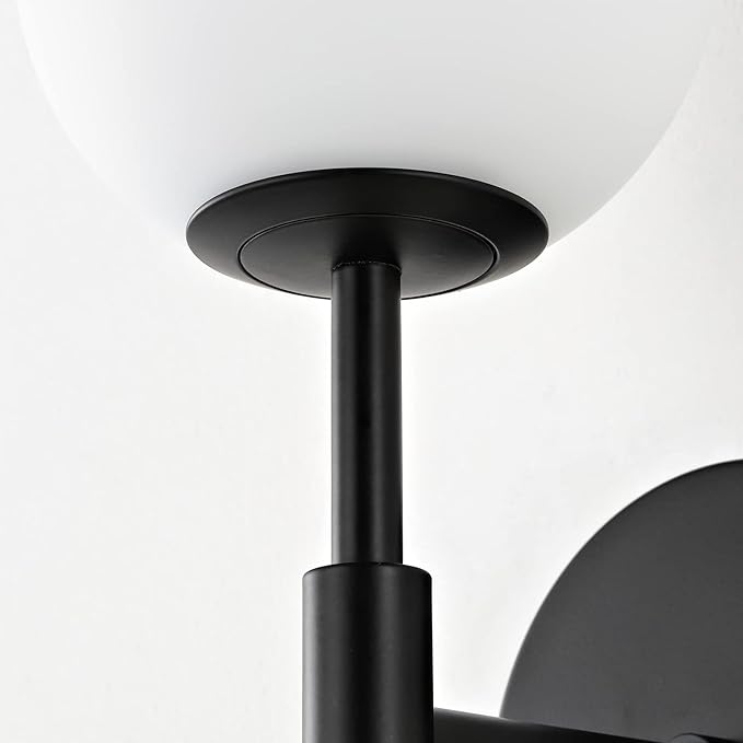 Mid Century Modern Wall Lamp 2 Pack with White Globe Glass Shades Matte Black Wall Sconce Bathroom Vanity Lighting Industrial Farmhouse Wall Light Fixtures for Mirror Bedroom Living Room