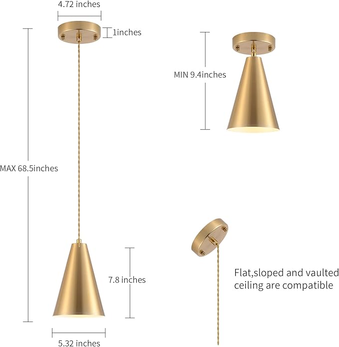 Dijiahua Brass Pendant Lights Kitchen Island,Gold Dining Room Light Fixtures Over Table with Cone Metal Shade, Modern Vintage Mini Chandeliers,Adjustable Cord Hanging Lighting for Bar,Sink.(1 Pack)