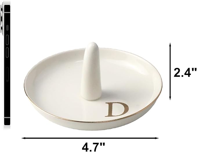 Ceramic Initials Jewelry Tray Ring Dish With Personalized D-Monogrammed Engagement Wedding Gifts, for Birthday Mother's Day for Women, Ceramic White 4.7" x2.4"