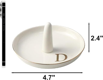Ceramic Initials Jewelry Tray Ring Dish With Personalized D-Monogrammed Engagement Wedding Gifts, for Birthday Mother's Day for Women, Ceramic White 4.7" x2.4"
