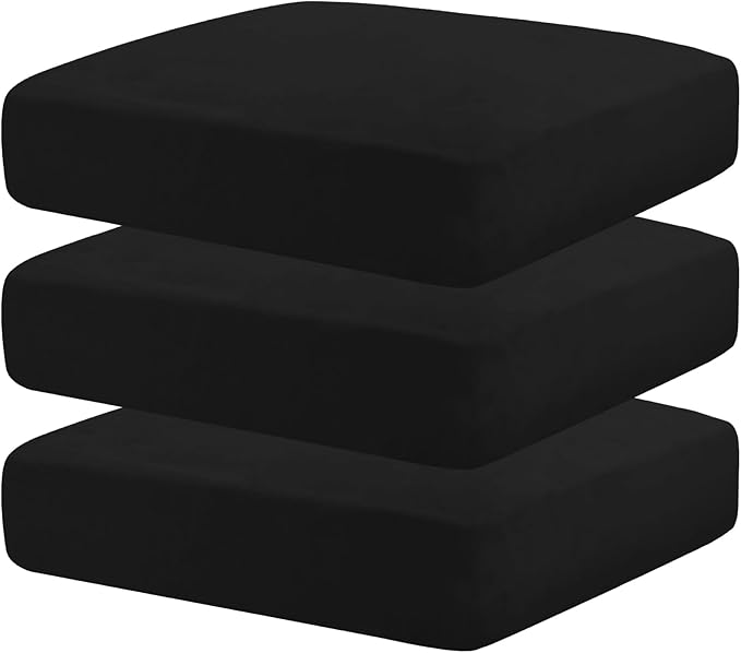 MAXIJIN Velvet Stretch Seat Cushion Covers Couch Cushion Cover for Individual Cushions Sofa Seat Cushion Slipcovers with Elastic Bottom (3 Piece XL Sofa Cushion Covers, Black)