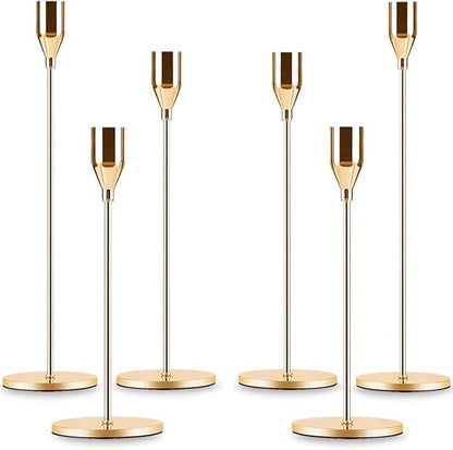 Gold Taper Candle Holder Set of 6, Brass Gold Tall Candlestick Holders, Metal Vintage Candle Stickers Long Holder Set, Pillar Decorative Candle Holder Fits 3/4 Inch Candle