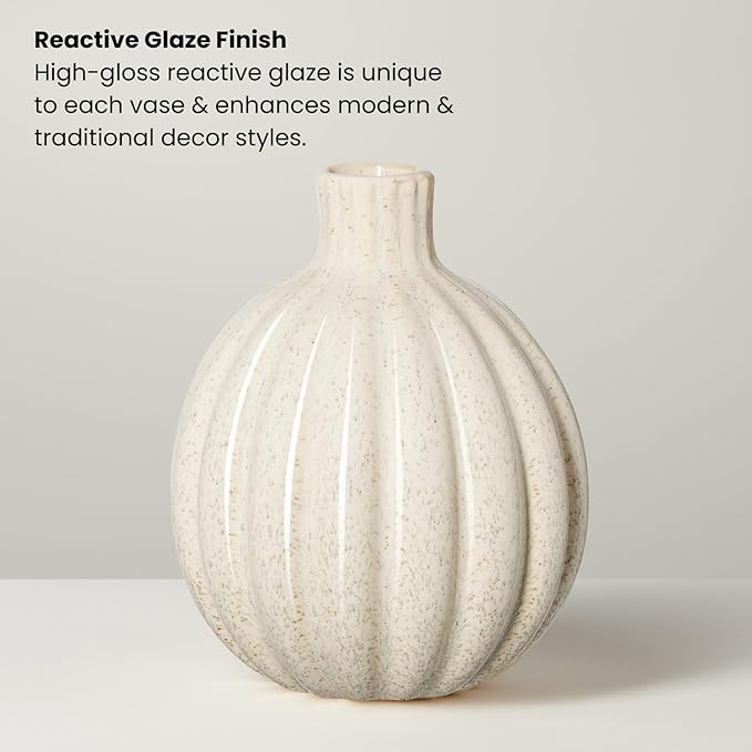 Torre & Tagus Allium Reactive Glaze Ceramic Bud Vase - 5 Inch Small Flower Vase & Small Ceramic Vases for Flowers, Handmade Ribbed Bud Vases for Home Decor & Wedding Decor for Table
