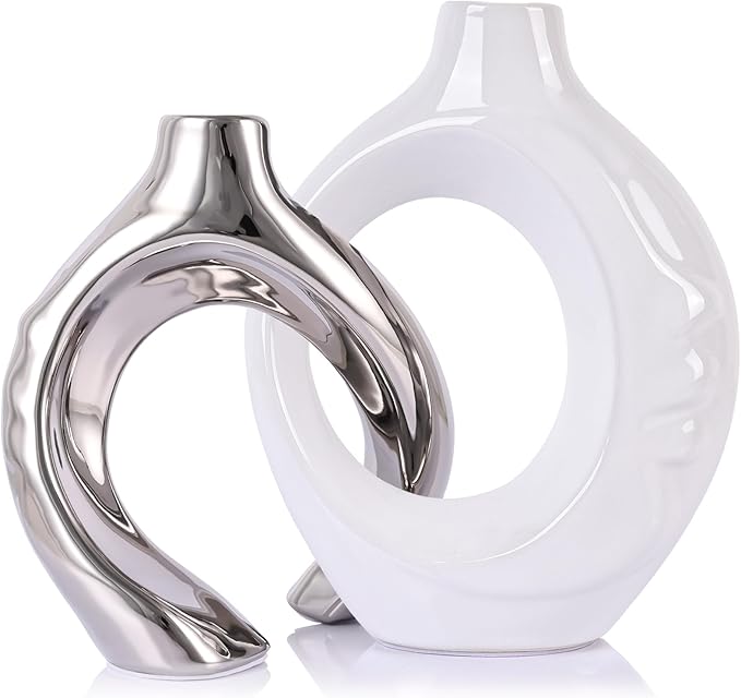 LCCCK White and Silver Ceramic Vases for Home Decor, Boho Vase for Flowers Pampas Grass Decorative, White Silver Hollow Donut Small Vase for Living Room Table Wedding Centerpiece Modern Vases