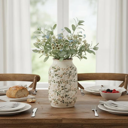White and Green Vintage Vase, Chinoiserie Floral Vases for Flowers, Rustic Farmhouse Ceramic Vase for Home Decor, Living Room, Shelf, Office, Vintage Room Decor, 9 inch