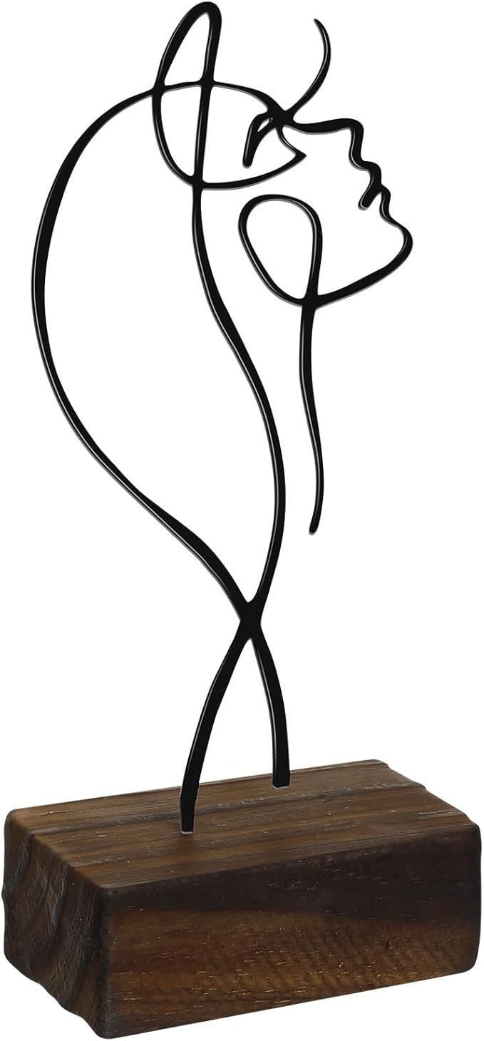 Amosfun Black Wrought Iron Female Line Sculpture with Wooden Base 8.66X4.25X2 Inch Minimalist Modern Character Art Ornament for Home and Office Desk D Cor