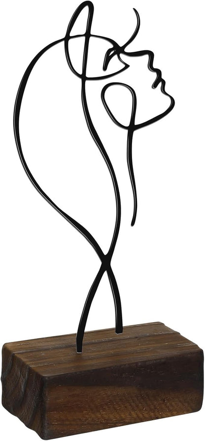 Amosfun Black Wrought Iron Female Line Sculpture with Wooden Base 8.66X4.25X2 Inch Minimalist Modern Character Art Ornament for Home and Office Desk D Cor