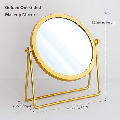 Iron Tabletop Makeup Mirror, Round Swivel Desktop Stand Mirror, 360°Rotation One-Sided Dressing Table Mirror(Golden)