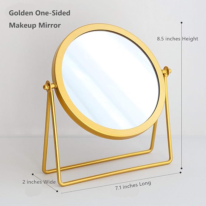 Geschaft Golden Tabletop Single Sided Makeup Mirror, 360°Rotation Iron One-Sided Dressing Table Mirror, Round Swivel Desktop Stand Mirror (Golden - Round),7.1'' (L) x 2'' (W) x 8.5''(H)