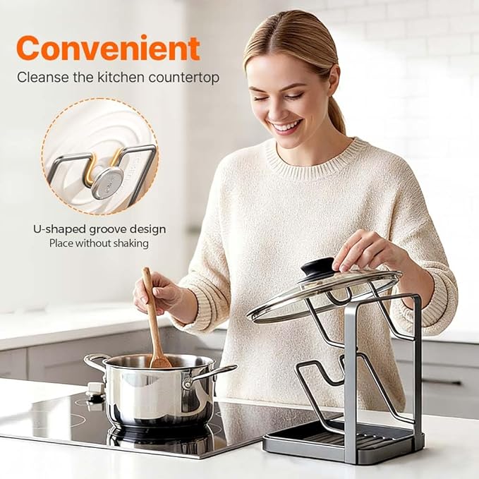 Kitchen Pot Lid Storage Rack – Thickened Steel Construction, Multifunctional Pan Lid Holder Organizer & Pot Lid Rack, Space-Saving Countertop Organizer (White 2 Layer)