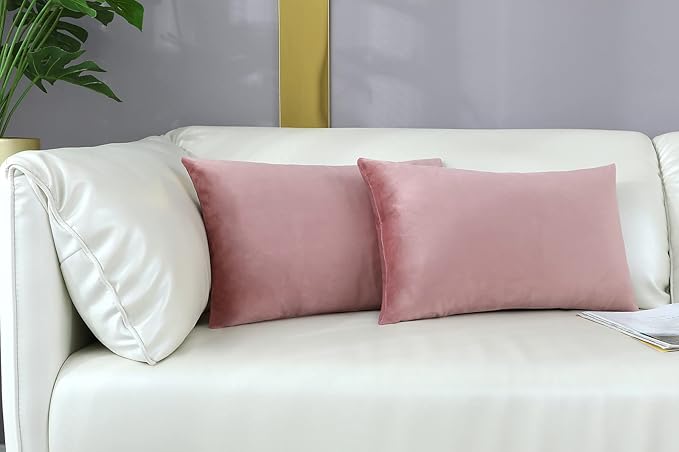 mixeoo Comfy Dusty Rose Throw Pillow Covers Decorative Lumbar Rectangle Thick Velvet Super Soft Cushion Cases Home Decor for Sofa Couch Living Room Chair, Set of 2, 12 x 20 Inch