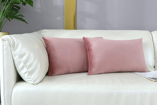 mixeoo Comfy Dusty Rose Throw Pillow Covers Decorative Lumbar Rectangle Thick Velvet Super Soft Cushion Cases Home Decor for Sofa Couch Living Room Chair, Set of 2, 12 x 20 Inch