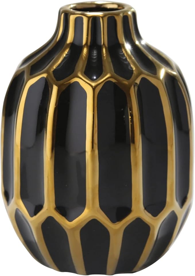 Elegant Ceramic Vase for Living Room Decor and Home Decor Accent - Modern Decorative Flower Vase for Room, Bedroom, or Office Desk - Designed for House and Table Decor - 8", Black & Gold