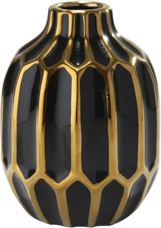 Elegant Ceramic Vase for Living Room Decor and Home Decor Accent - Modern Decorative Flower Vase for Room, Bedroom, or Office Desk - Designed for House and Table Decor - 8", Black & Gold
