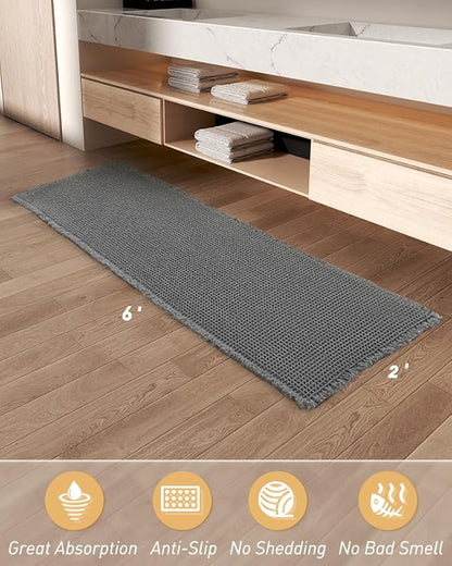 Upgraded Waffle Runner Rug Super Absorbent Non Slip Bath Mats for Bathroom Floor Machine Washable Bathroom Runner Rug with Tassels, Ideal for Hallway Bedroom Laundry Room, Dark Grey, 2'x 6'(24" x 72")