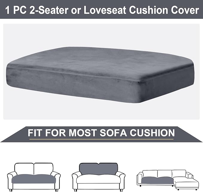 NAISI Couch Cushion Covers 1 Piece Velvet Stretch Loveseat Cover or 2 Seat Sofa Cover Soft Individual Couch Covers for Sectional Sofa(1 PC for 2-Seat Cushion or Loveseat,Dark Grey)