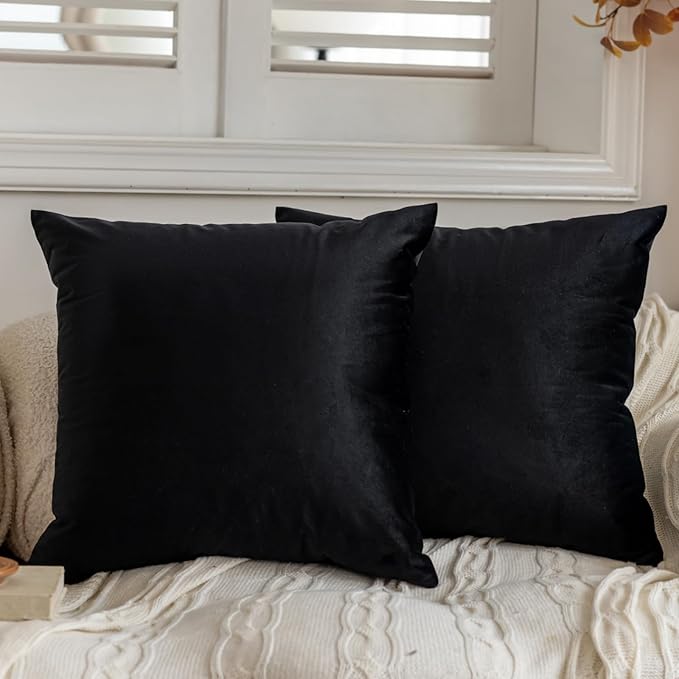 FEVERQIYI Black Velvet Pillow Covers 18x18 Set of 2 Decorative Square Throw Pillowcase Soft Solid Cushion Covers for Bedroom Living Room Outdoor Indoor Decoration