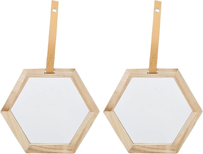 2 Piece 11 x 10 Inches Harlan Hexagon Mirror with Beige Wood Frame, Wall Geometric Mirrors Decor, Hanging Wall Glass Mirror for Home/Bedroom/Living Room/Hallway/Entryway