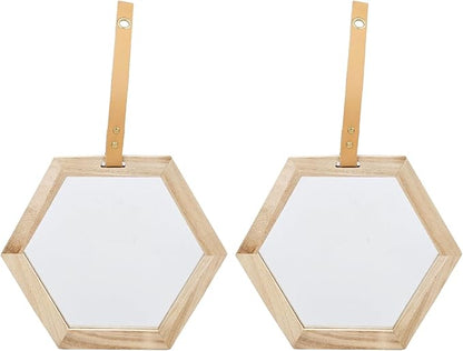 2 Piece 11 x 10 Inches Harlan Hexagon Mirror with Beige Wood Frame, Wall Geometric Mirrors Decor, Hanging Wall Glass Mirror for Home/Bedroom/Living Room/Hallway/Entryway