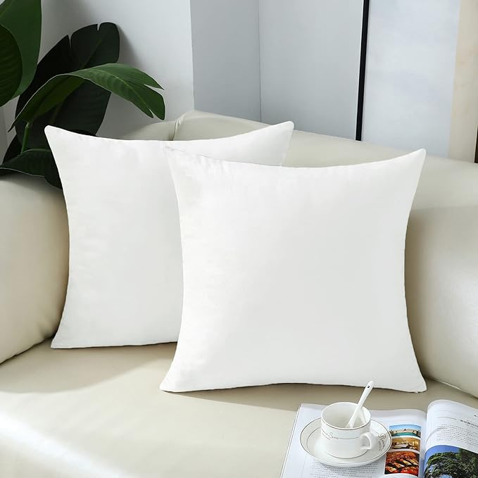 mixeoo Comfy Ivory White Throw Pillow Covers Decorative Square Solid Thick Velvet Super Soft Cushion Cases Home Decor for Sofa Couch Living Room Chair, Set of 2, 18 x 18 Inch