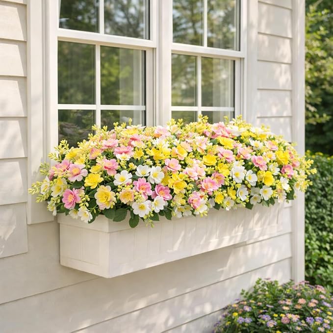 alyptus Artificial Flowers for Outdoors, 12 Bundles UV Resistant Spring Fake Flowers for Porch, Patio & Home Decor – Realistic Outdoor Faux Plants with 4 Colors - Multicolor