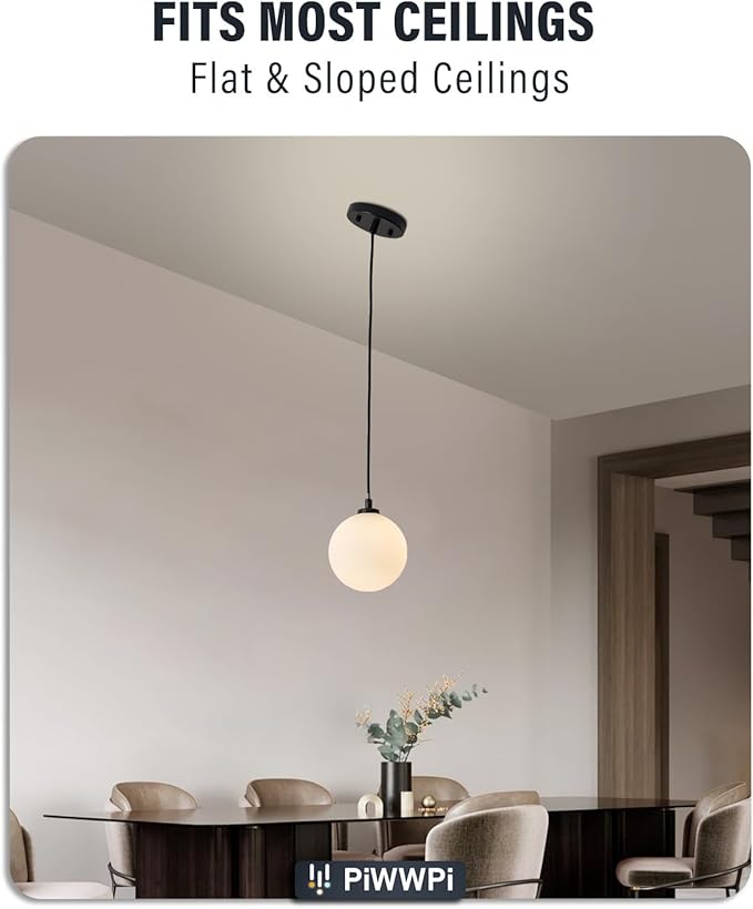 Mid Century Modern Chandelier, 1- Light Globe Glass Ceiling Hanging Chandelier, Black Pendant Light, White Spherical Blackout Bedside Lamp for Kitchen Island, Bedroom, Living Room, Dining Room