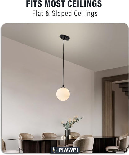 Mid Century Modern Chandelier, 1- Light Globe Glass Ceiling Hanging Chandelier, Black Pendant Light, White Spherical Blackout Bedside Lamp for Kitchen Island, Bedroom, Living Room, Dining Room
