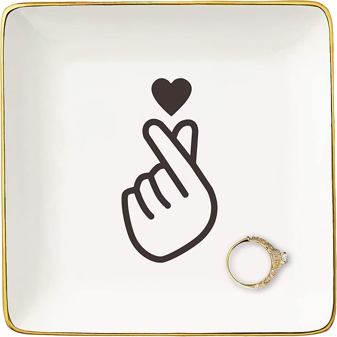 NZY Birthday,Graduation,Housewarming,New Year,White Elephant,Wedding,Thanksgiving,Retirement Christmas Gifts for Women, Friends,Bestie-Finger Heart Theme Ring Dish-Ceramic Jewelry Tray Trinket Holder
