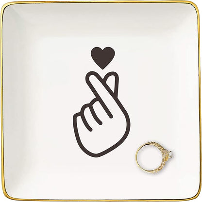 NZY Birthday,Graduation,Housewarming,New Year,White Elephant,Wedding,Thanksgiving,Retirement Christmas Gifts for Women, Friends,Bestie-Finger Heart Theme Ring Dish-Ceramic Jewelry Tray Trinket Holder