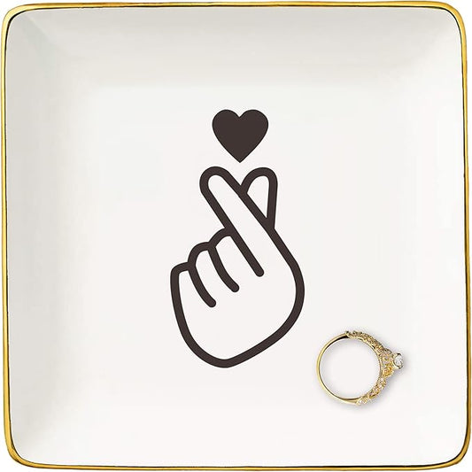 NZY Birthday,Graduation,Housewarming,New Year,White Elephant,Wedding,Thanksgiving,Retirement Christmas Gifts for Women, Friends,Bestie-Finger Heart Theme Ring Dish-Ceramic Jewelry Tray Trinket Holder