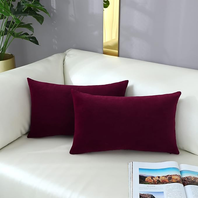 mixeoo Comfy Burgundy Red Throw Pillow Covers Decorative Lumbar Solid Rectangle Thick Velvet Super Soft Cushion Cases Home Decor for Sofa Couch Living Room Chair, Set of 2, 12 x 20 Inch