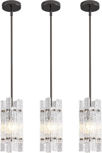 Modern Crystal Pendant Light for Kitchen Island, Pearl Black Luxury Mini Water Ripple Glass Chandelier Lights Fixture, Square Adjustable Hanging Pendant Lighting for Dining Room Bedroom (3-Pack)