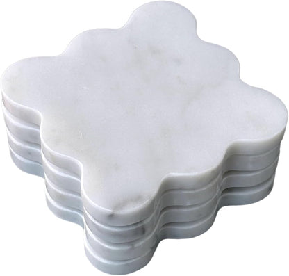 Marble Coasters Set of 4 - Natural Stone Coaster for Drinks, Modern Cup Holders, Bar Coffee Table Desk Decor, Cool Home Decor 4" (Calacatta White, Scalloped Square)