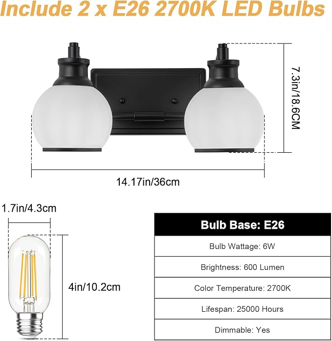 2 Light Modern Bathroom Light Fixtures Over Mirror (LED Bulbs Included), Black Vanity Lights for Bathroom Wall Sconces with Milky White Globe Glass Shades