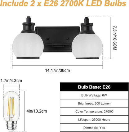 2 Light Modern Bathroom Light Fixtures Over Mirror (LED Bulbs Included), Black Vanity Lights for Bathroom Wall Sconces with Milky White Globe Glass Shades