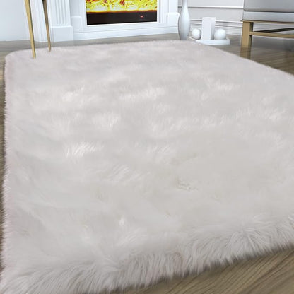 Faux Fur Area Rug, White Fluffy Rugs for Bedroom Living Room, 4'x6' Soft Shaggy Fuzzy Rug for Nursery, Indoor Plush Floor Carpets for Kids Girls Boys Teen Dorm, Cute Home Decor, Rectangle