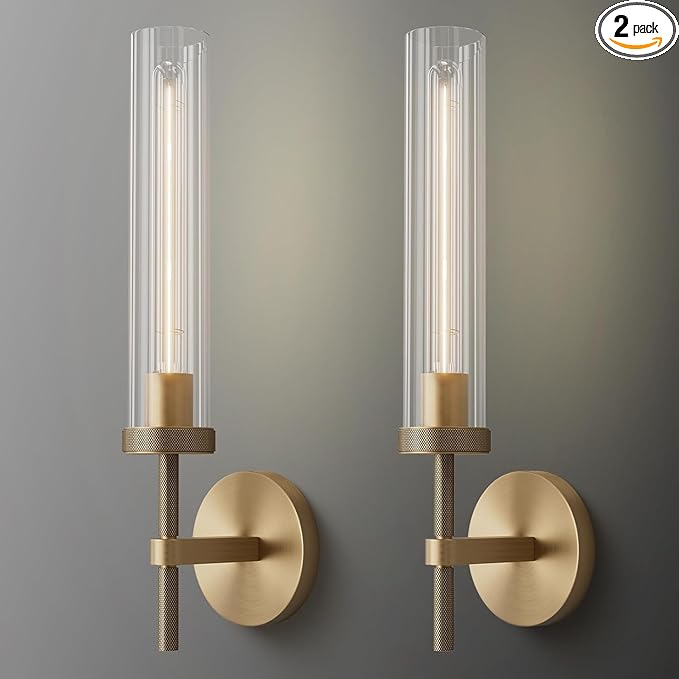 Brass Wall Sconces Set of Two 19.48'' Knurled Texture Wall Light Fixtures, Bathroom Vanity Light Fixtures with Clear Glass, Modern Wall Lamp for Bathroom Living Room Hallway (Bulb Included)